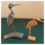 Two Carved Wooden Heron Sculptures