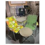 Assorted Outdoor Folding Chairs + Garden Stools