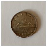 1937 Canadian $1 Voyageur Silver Dollar Coin