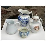 Three China + Ceramic Pitchers, One Cocoa Pot