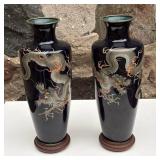 Pair of Enameled Cloisonne Vases Wooden Bases