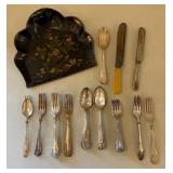 Assorted Silver Plate Flatware + Crumb Tray