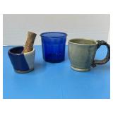 Signed pottery mug, Mortar/pestle & cobalt blue