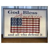 God Bless America sign, wood with metal flag.  15