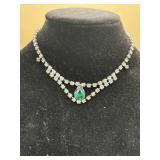 Vintage Silver Tone Green and Clear Rhinestone