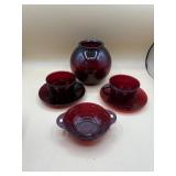 Vintage Ruby Red vase cups and saucers and bowl