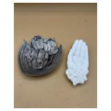 Pewter tulip dish and Milk glass hand dish