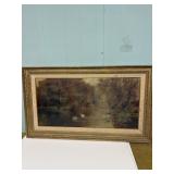 Antique framed oil swans on lake unknown artist