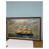 Antique large framed clipper ship picture with