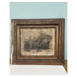 Antique large framed litho farm scene