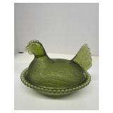 Vintage Indiana Glass Avocado Green Hen on a Nest