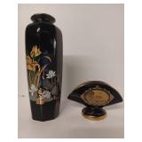 vintage Japanese black ceramic octagon vase and