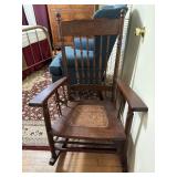 Antique  Pressed Back With Cane Bottom Oak Rocker