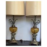 MCM Amber Glass and Antique Brass Pr of Lamps