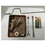Vintage snap on speed wrench, chain saw files,