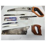 Vintage hand saw, pump saw, and saw blades