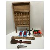 Vintage wood and metal wash board, multicolored