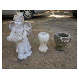 Two cement flower vases and faux cement Angel
