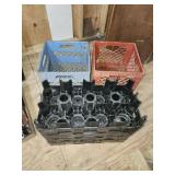 vintage blue and red plastic milk crate, with