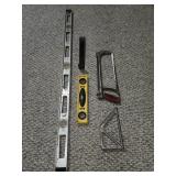 Hand saw, ply bar, trim square and two levels