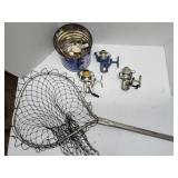 Three fishing reels, with bucket of weights and