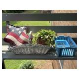 Pillow, woven basket, greenery in basket with