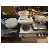 Tupperware, trays, racks, wooden utensils &