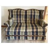 Vintage loveseat, plaid, navy, green & cream.