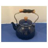 Vintage blue speckled enamelware tea kettle