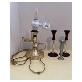 Brass Desk Lamp, Two Wooden and Brass Candle