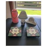 Vintage Art Nouveau majolica tile trivets, lamp,