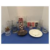 Ashtrays, glasses, poker chips & playing cards