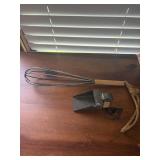 Vintage wood handle whisk and metal scoop