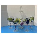 Hand painted, glass wine decanter, has glass