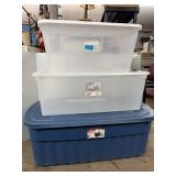Three Storage Totes  Clear to Ex Large Blue Tote
