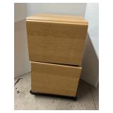Woodgrain two drawer wooden rolling cabinet.
