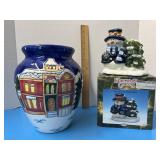 Hand-painted ceramic art vase with Snowman napkin