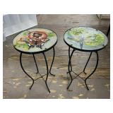 Pair of metal plant stands with painted glass
