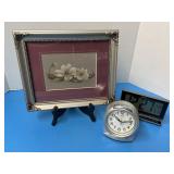 Signed, floral framed art print with 3 clocks,