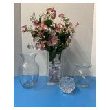 Floral in vase, 2 vases & Crystal votive
