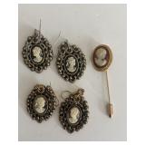 Cameo earrings and hat pin lot