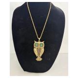 Vtg Gold-tone Green Colored Eyes, Owl Pendant