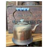 Vintage Copper Kettle w/ Blue & White Porcelain