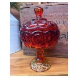 LE Smith Moon & Stars Amberina Glass Lidded