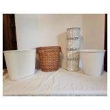 Three bathroom Trash Baskets and one Woven Wicker
