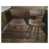 Pair of MCM, slatted wood swivel bar stools