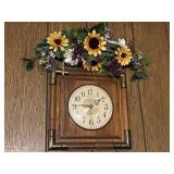 Vintage, wood, quartz wall clock with floral,
