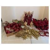 Burgundy and gold Christmas lot in storage tote