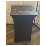 Vintage, dark brown,  wooden trash bin.