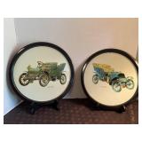 Pair of vintage round metal trays, 1903 Cadillac